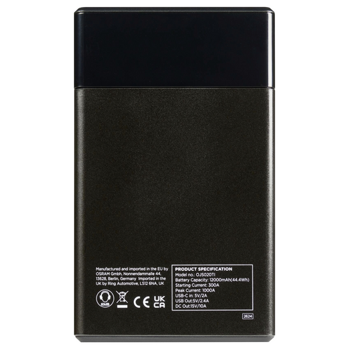 Schwarze Powerbank mit weißem Text: EU-Hersteller, Akku 12000mAh. Spezifikationen und Logos auf der Rückseite.